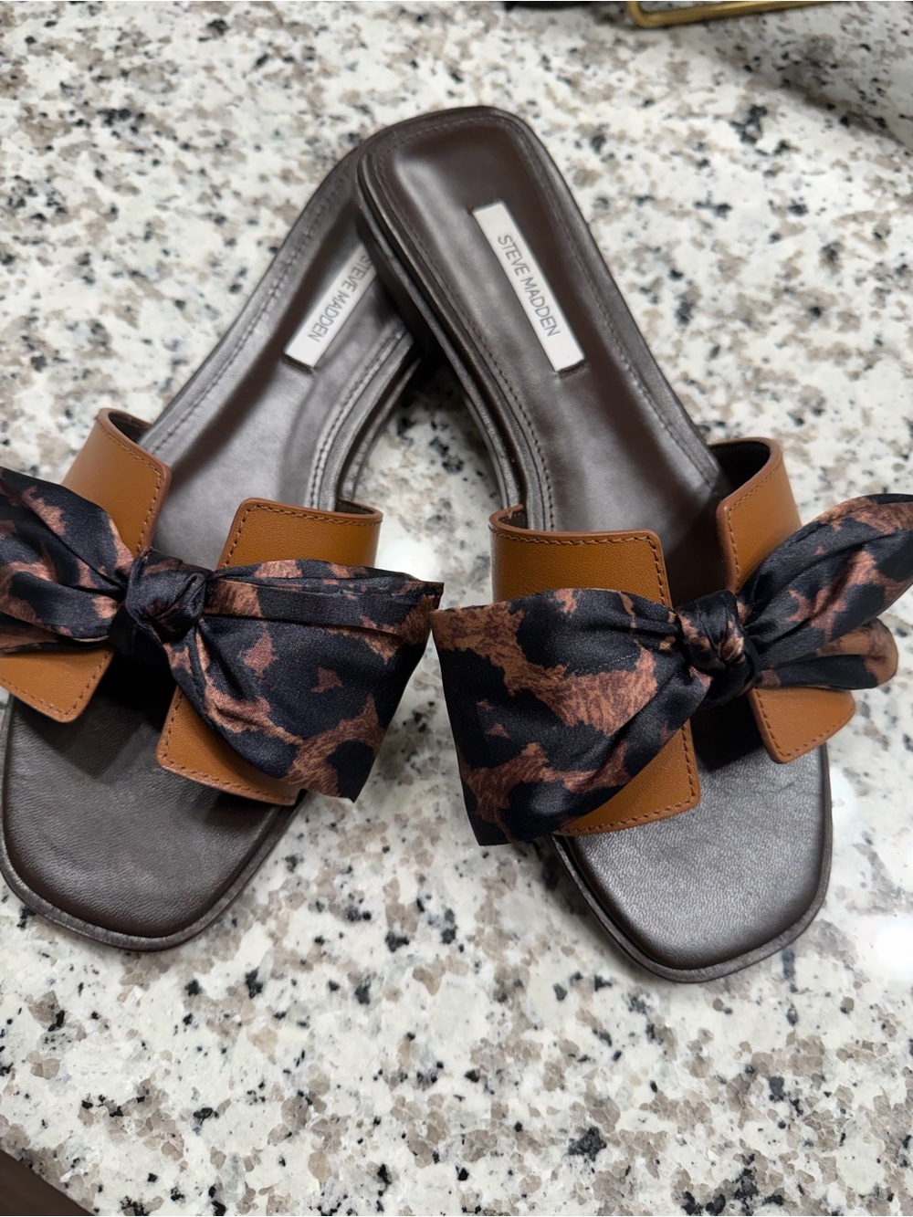 Steve Madden Brown and Black Leopard Bow Slide Mules